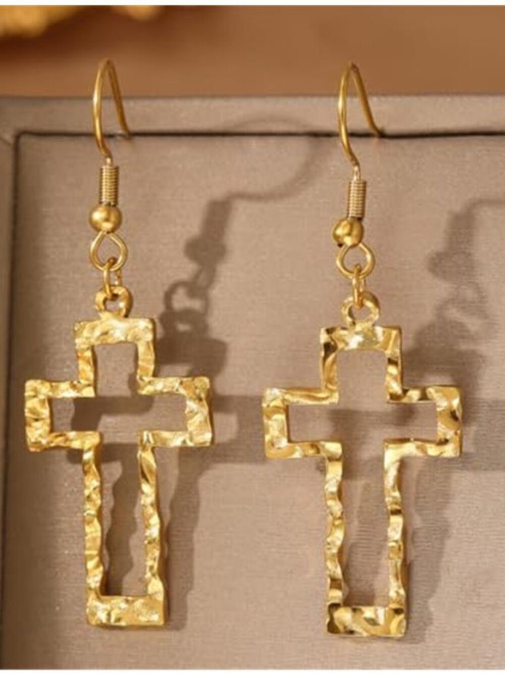 Gold Tone Hammered Cross Hoop Earrings Lightweight Boho Statement Dangle